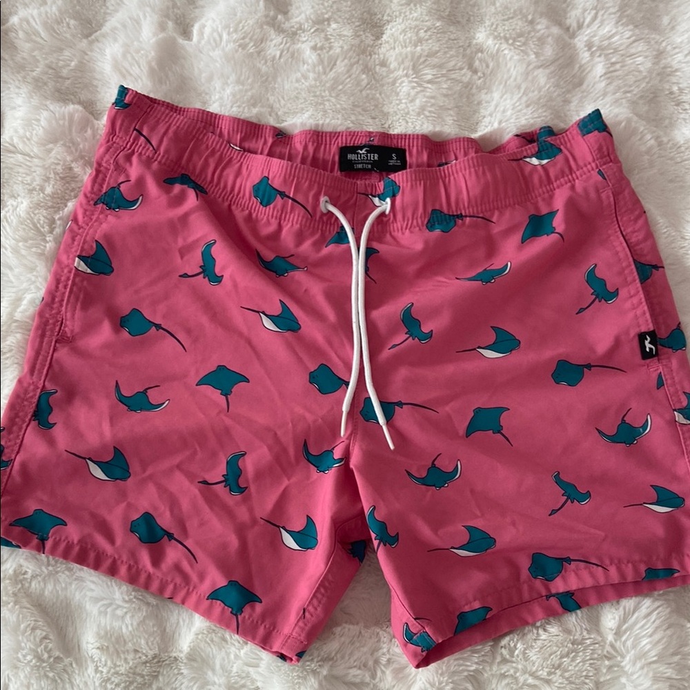 Hollister Pink and Blue Swim Trunks with Shark Pattern
